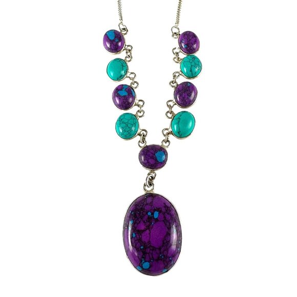 Imitation Turquoise & Purple Stone Necklace With 925 Silver Chain - Picture 1 of 5